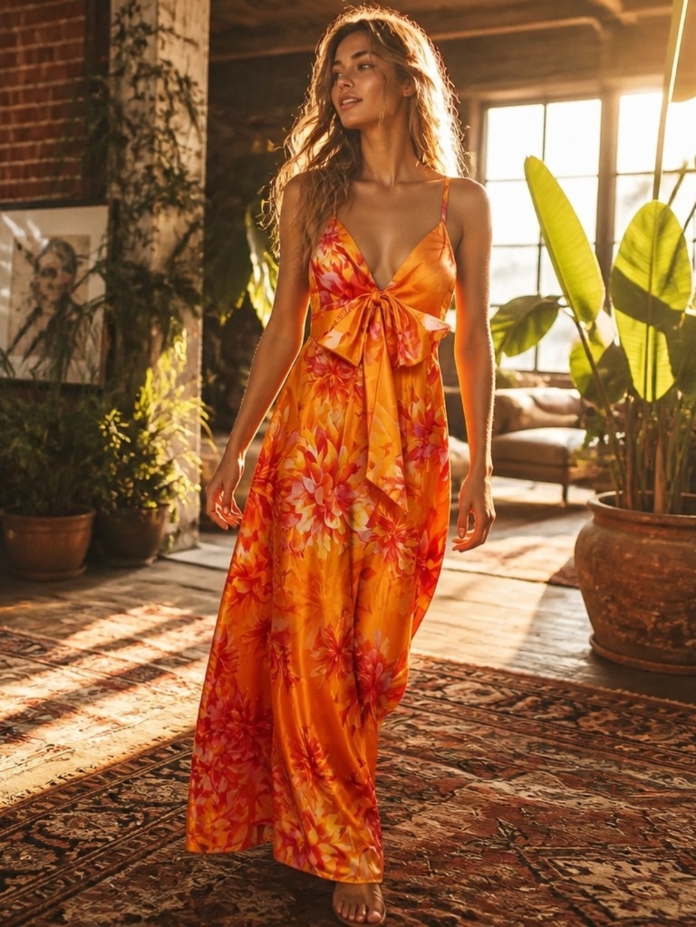 Elegant Orange Floral Tie-Front Maxi Dress